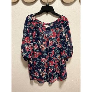 SKIES ARE BLUE Floral Blue Pink Green Sheer Button Front Blouse Top Women's